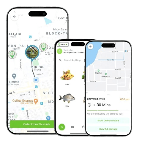 Farmex mobile app - pickup from a nearby farm hub, book fresh produce, and place your order with live tracking